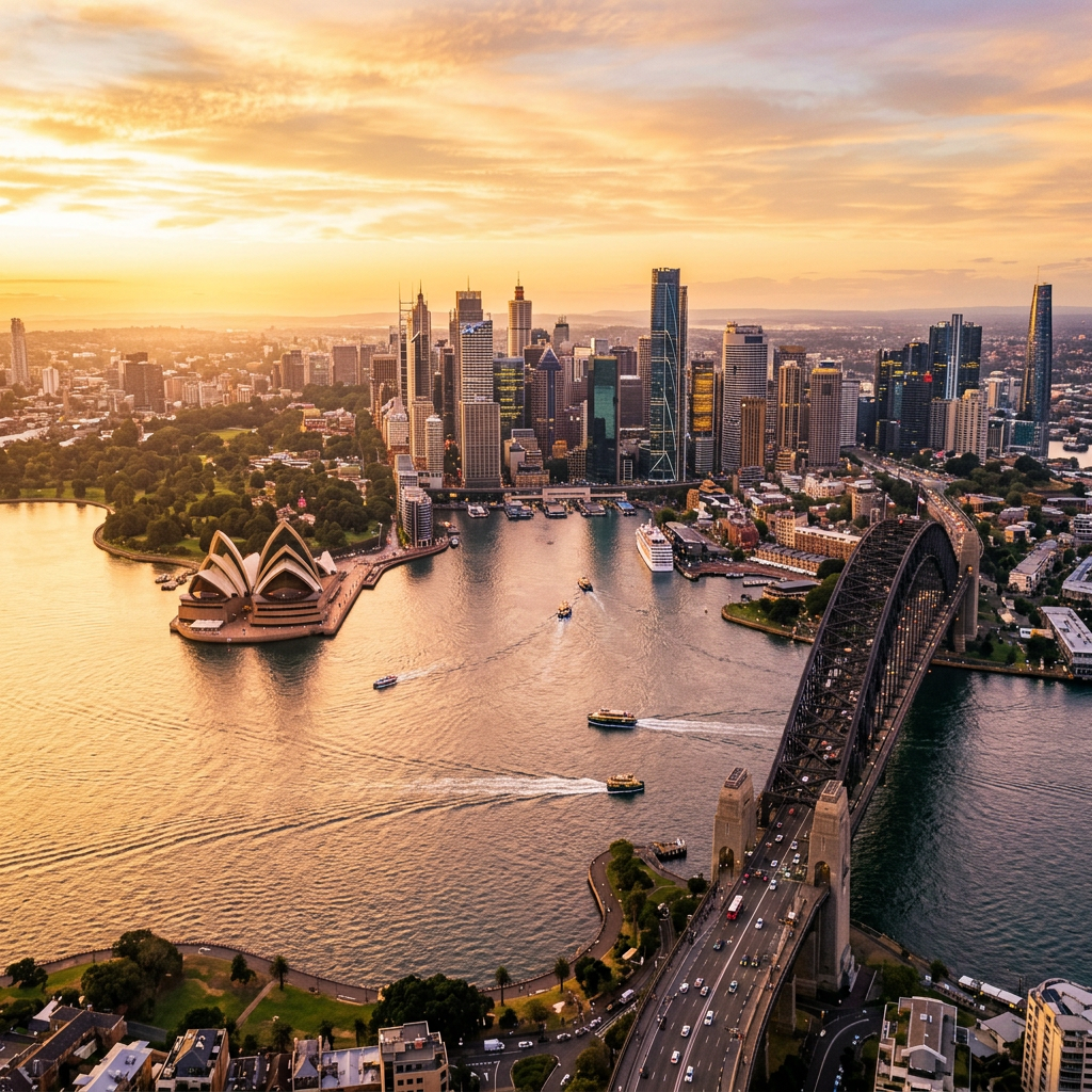 Sydney city skyline with Harbour Bridge at golden hour