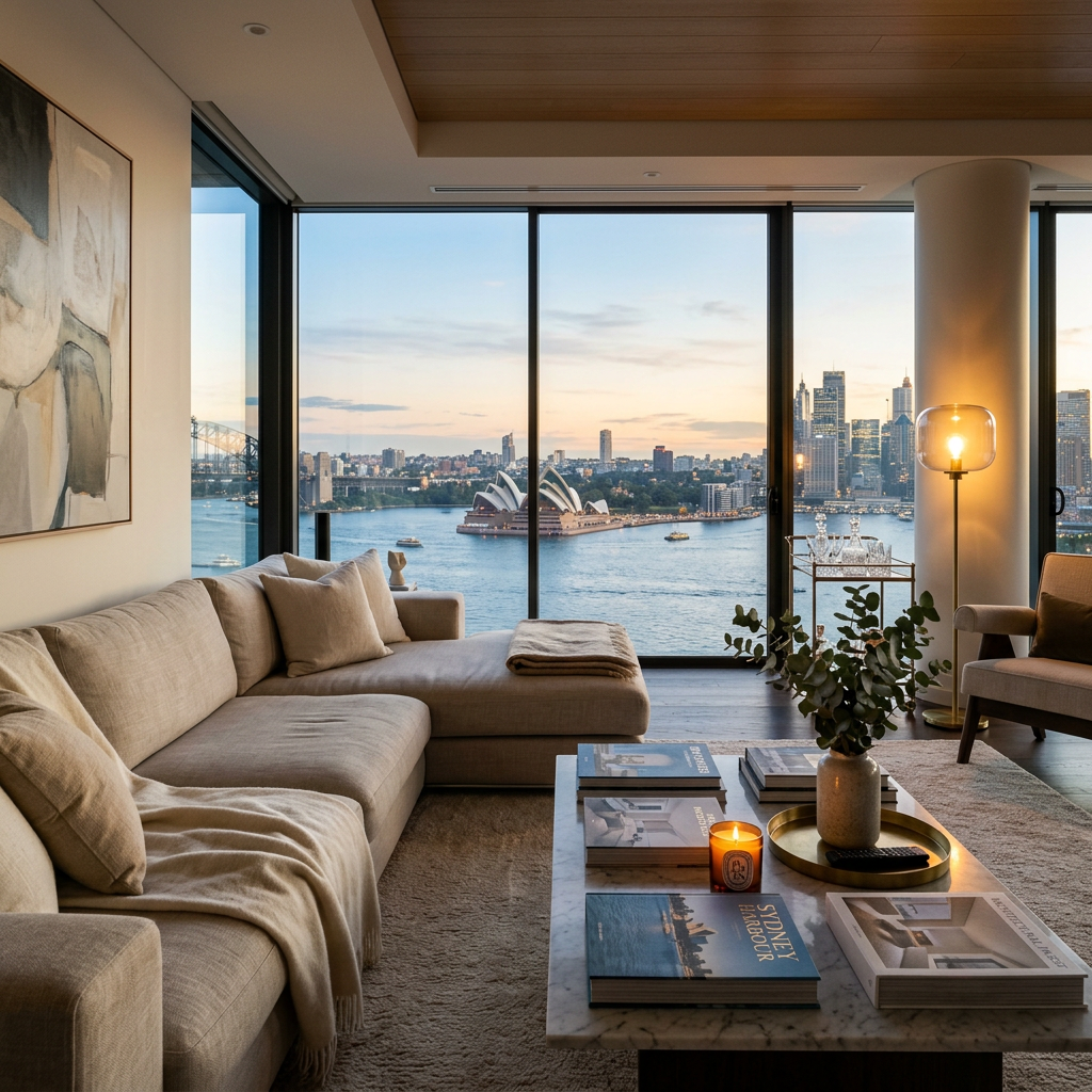 Luxurious Sydney penthouse living room with harbour views