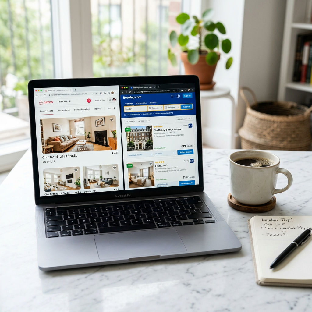 Laptop showing multiple booking platforms on marble desk