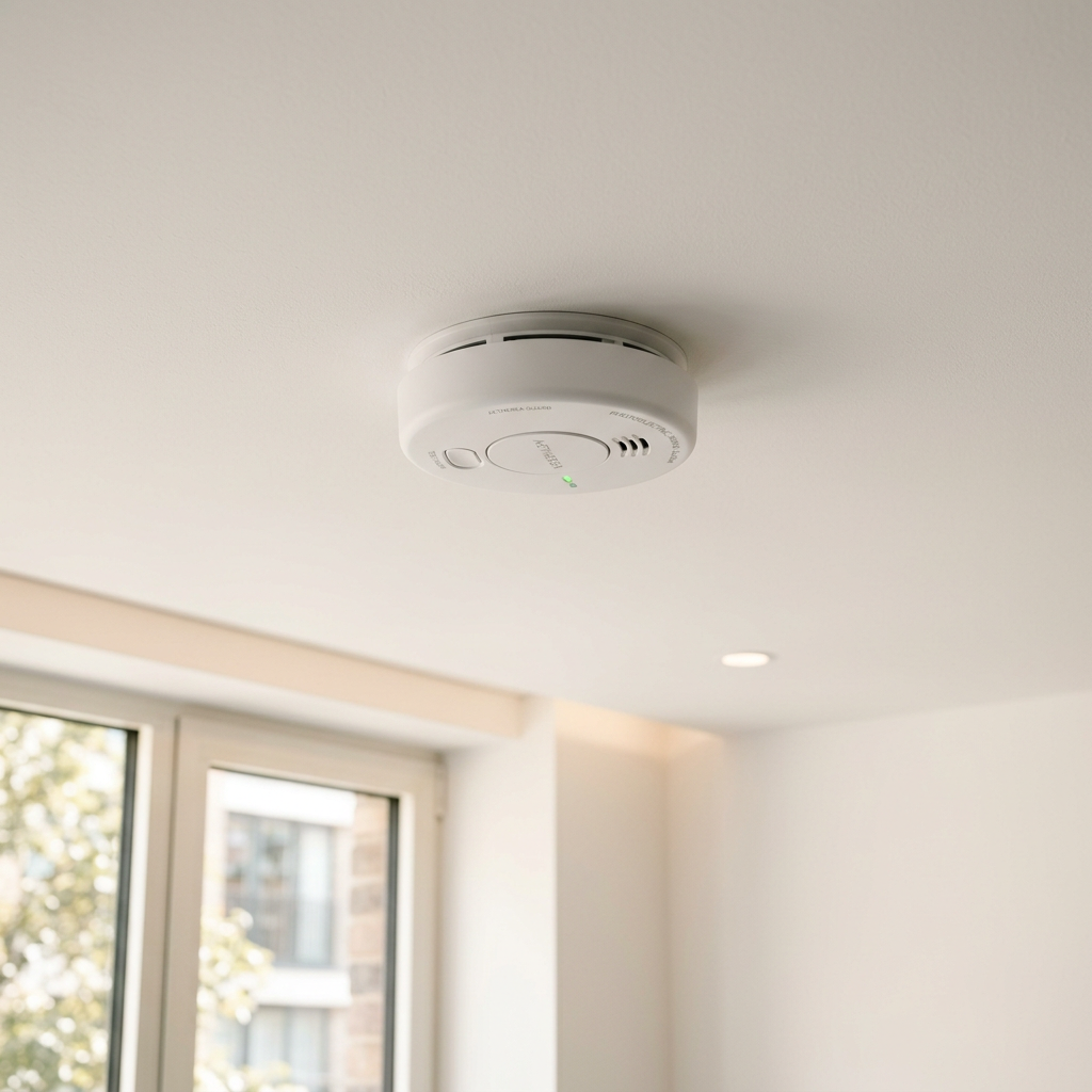 Modern smoke detector mounted on ceiling of luxury apartment