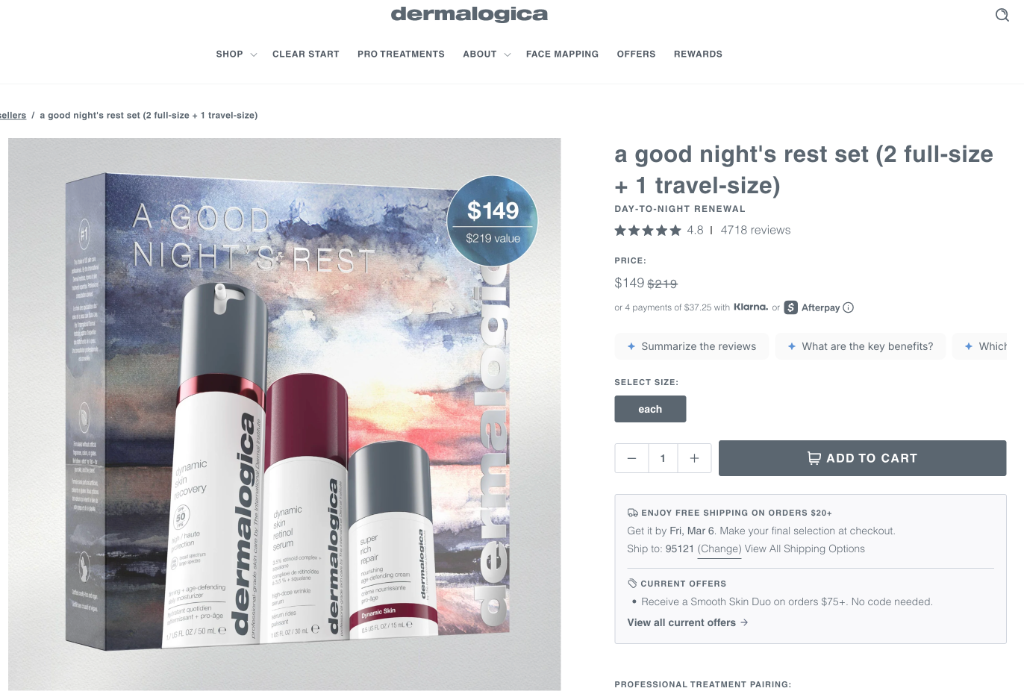 Dermalogica product page with FenixCommerce EDD showing delivery date