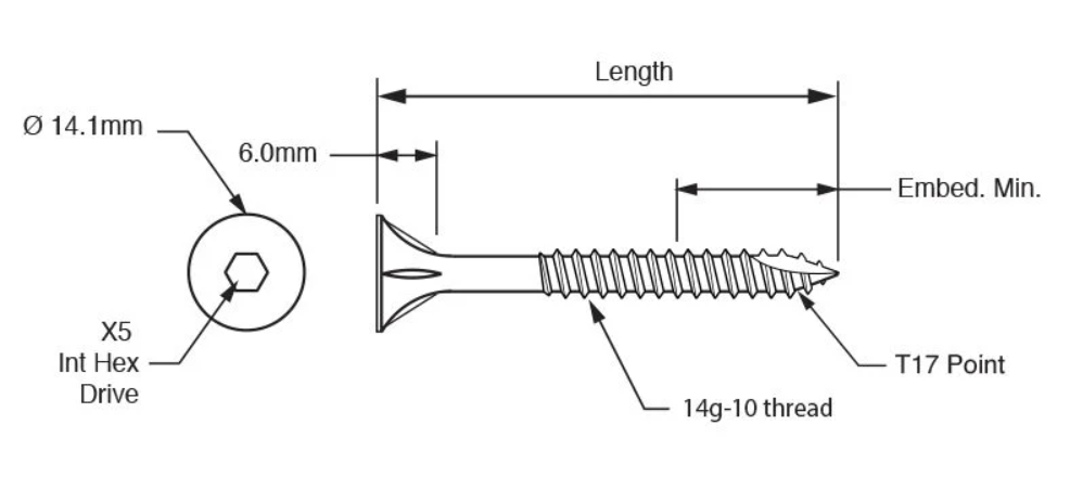 Bugle batten screw diagram showing 14g-10 thread, T17 point, X5 Int Hex Drive and bugle head