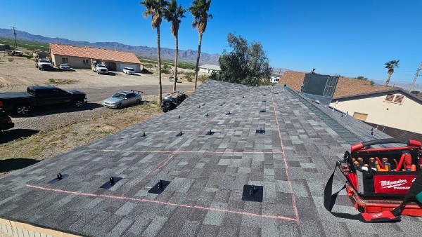 New roof with chalk lines and mounting feet