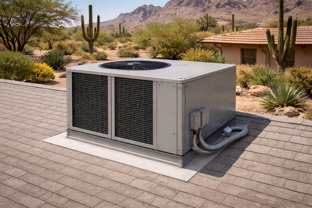 High-efficiency inverter heat pump condenser installed outside a Phoenix Arizona home by Sapper HVAC