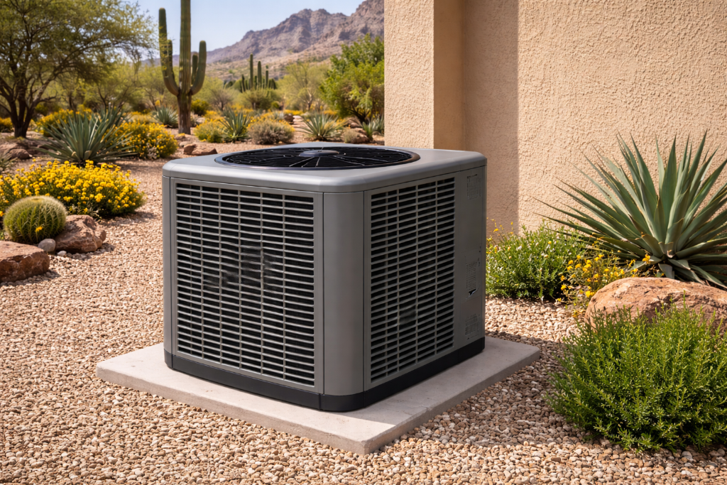 Central AC condenser unit replacement installed outside a Phoenix Arizona home by Sapper HVAC