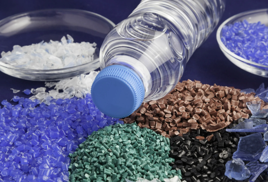 Recycled plastic pellets and bottle