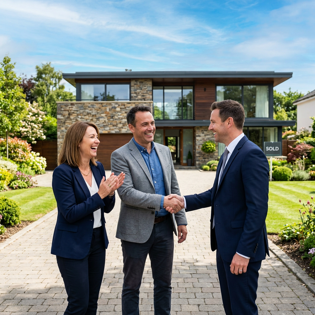 Couple shaking agent's hand in front of home