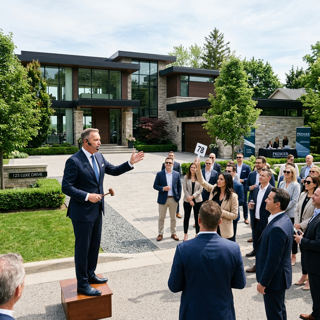 Auctioneer conducting auction in front of luxury home with bidder holding number