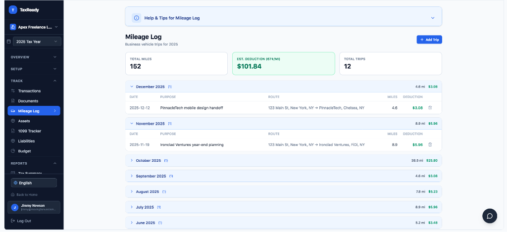 Mileage log and deduction tracker