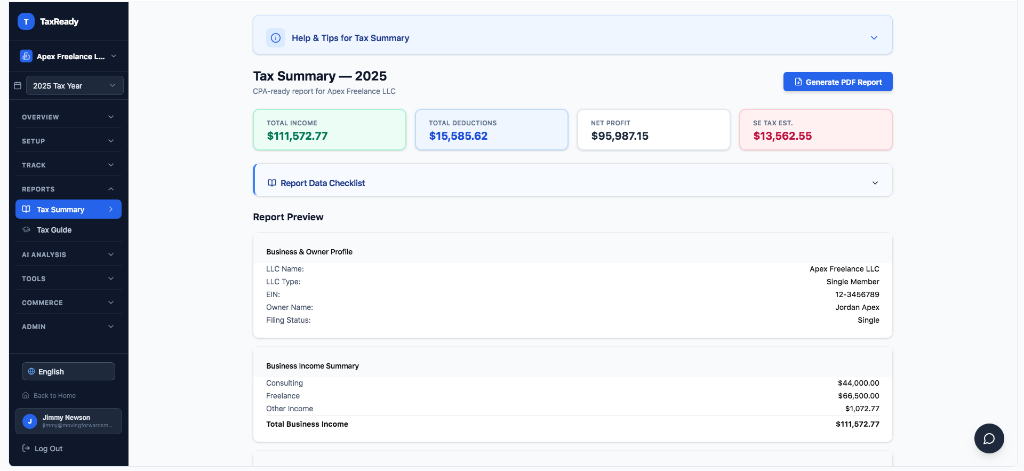 Tax summary and CPA-ready report