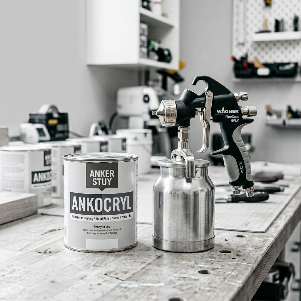 Anker Stuy Ankocryl paint tin and Wagner HVLP spray gun on professional workbench
