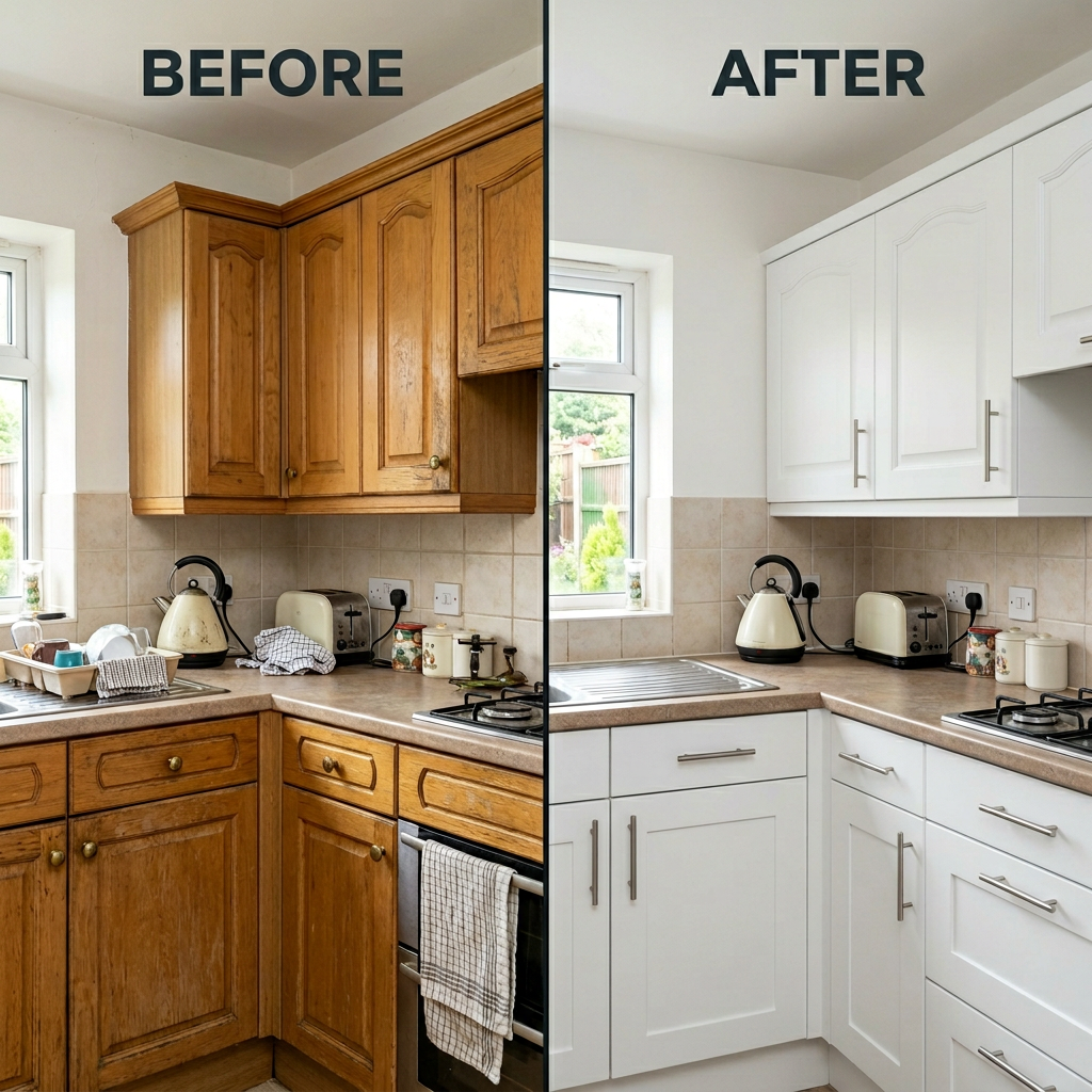 Before and after kitchen cabinet spraying transformation — worn timber kitchen doors transformed to smooth factory-white finish