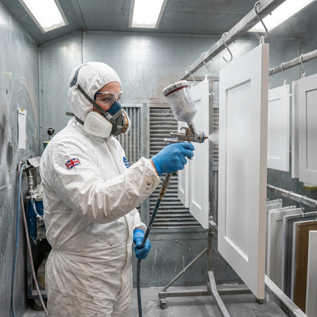 Surface Repair Group technician spray painting kitchen cabinet doors in West Sussex with professional spray equipment