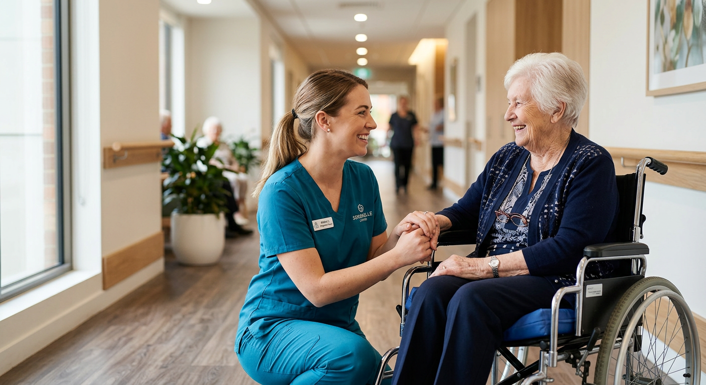 Nurse providing care to a woman in a wheelchair