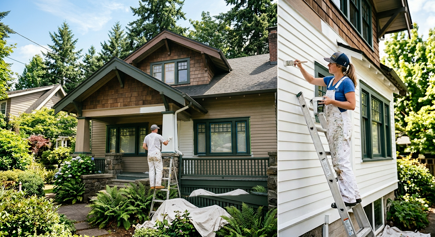 Professional painters working on Portland Oregon home exterior