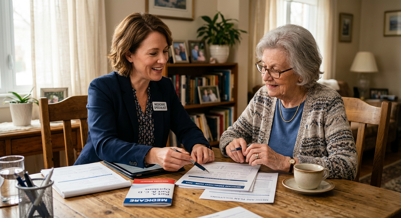 Agent reviewing documents with elderly client