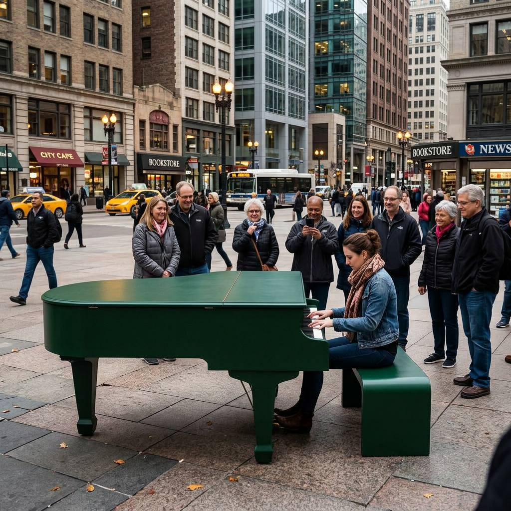 Woman playing piano in city square