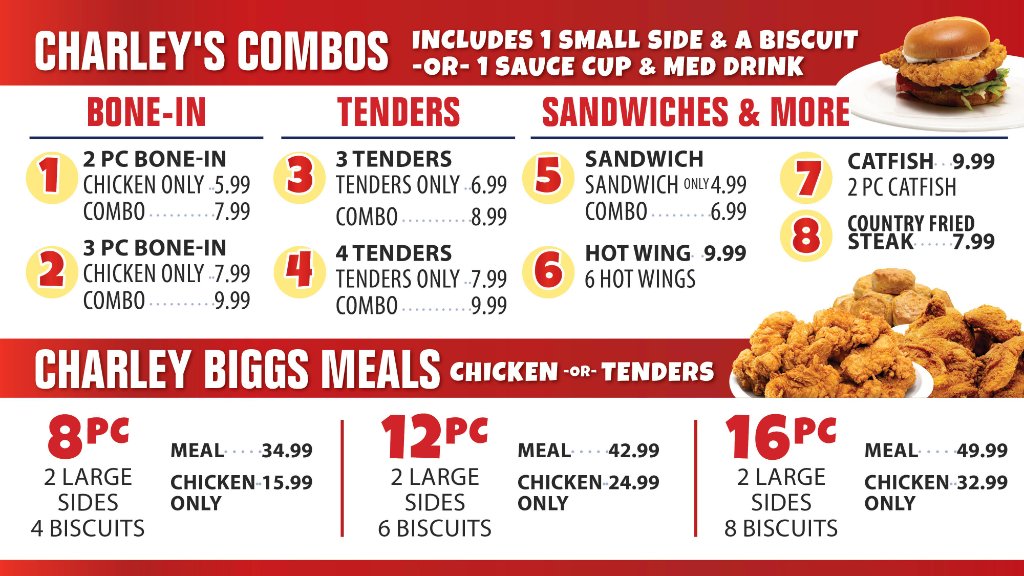 Menu board listing Charley Biggs combo meals with sides, biscuit, sauce cup, and medium drink options