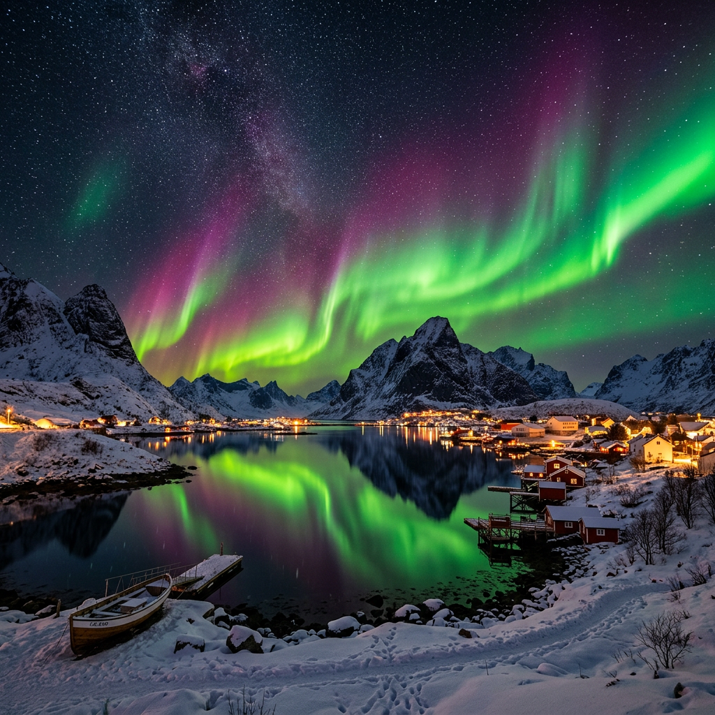 Northern Lights aurora borealis over Norwegian fjord at night
