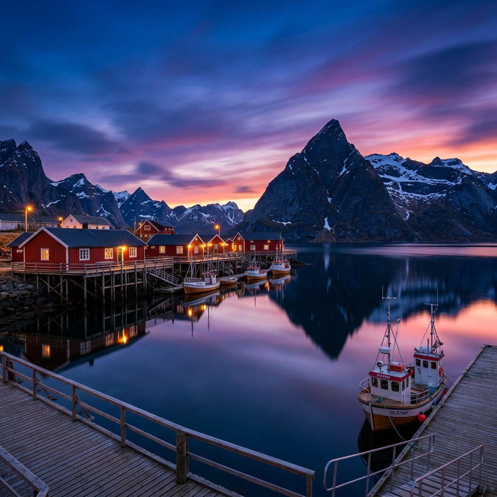 Hamnøy fishing village Lofoten at blue hour - red cabins and mountain reflections