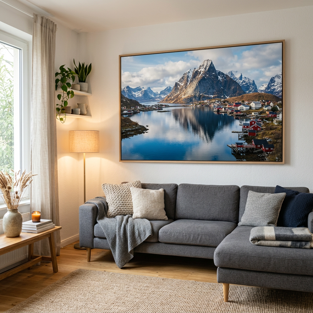 Norwegian landscape canvas print hanging on white living room wall