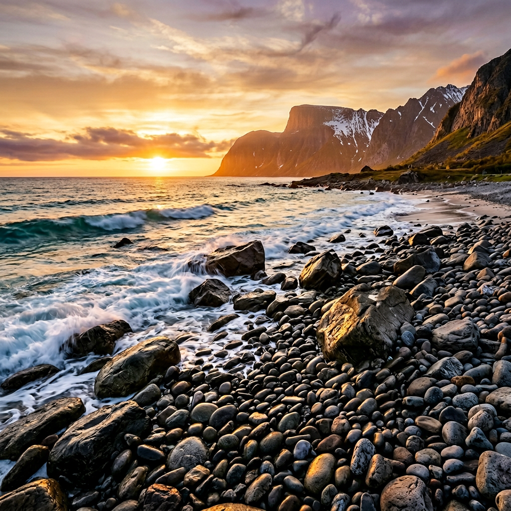 Uttakleiv beach Lofoten Islands Norway at midnight sun