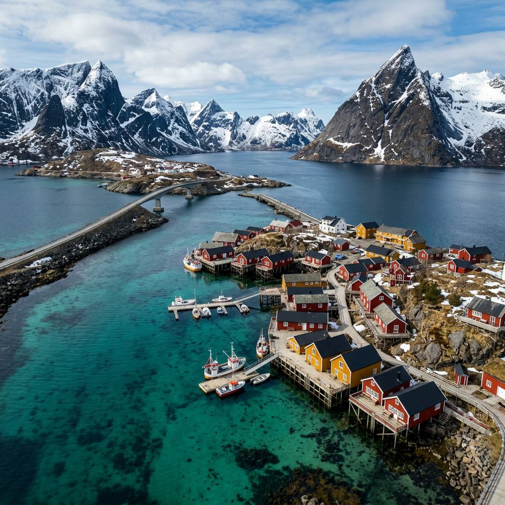 Lofoten Islands Norway - red fishing cabins over turquoise water
