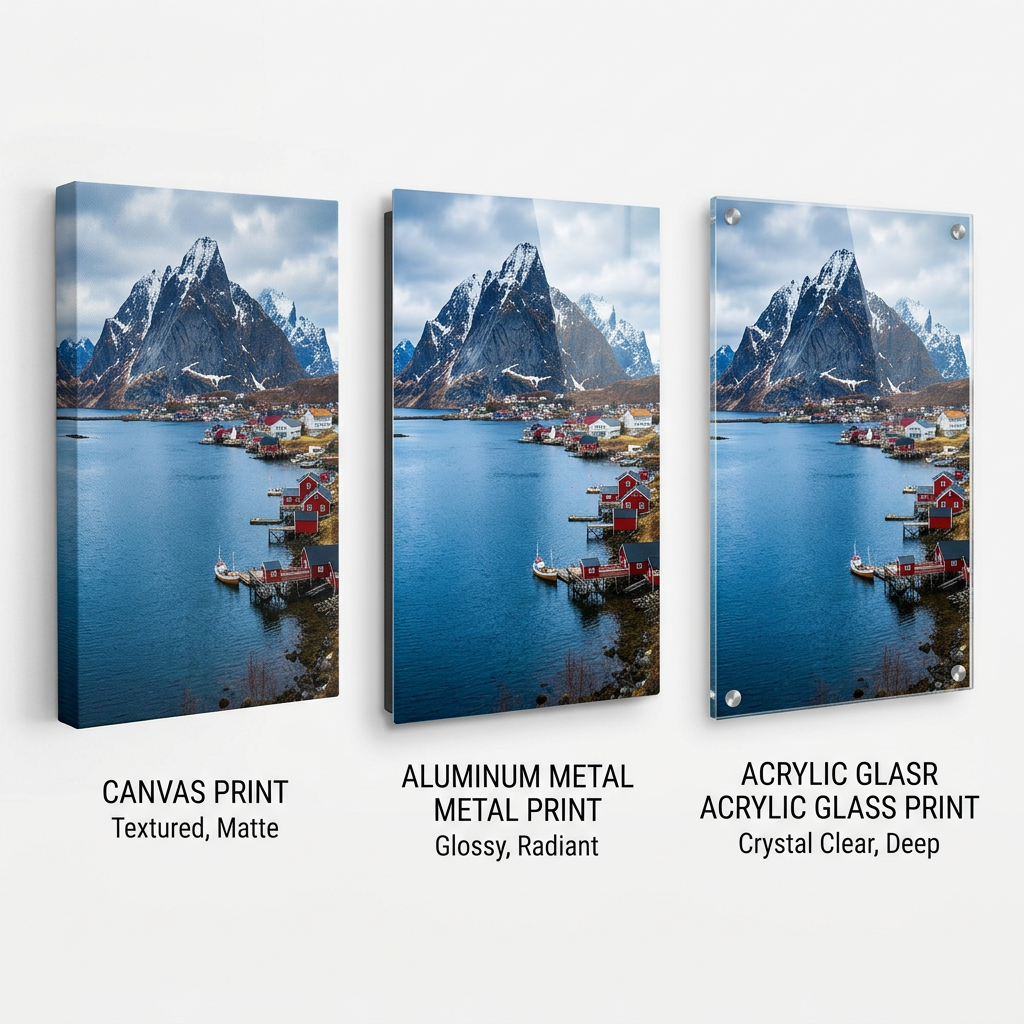 Canvas, aluminum and acrylic print materials comparison for wall art