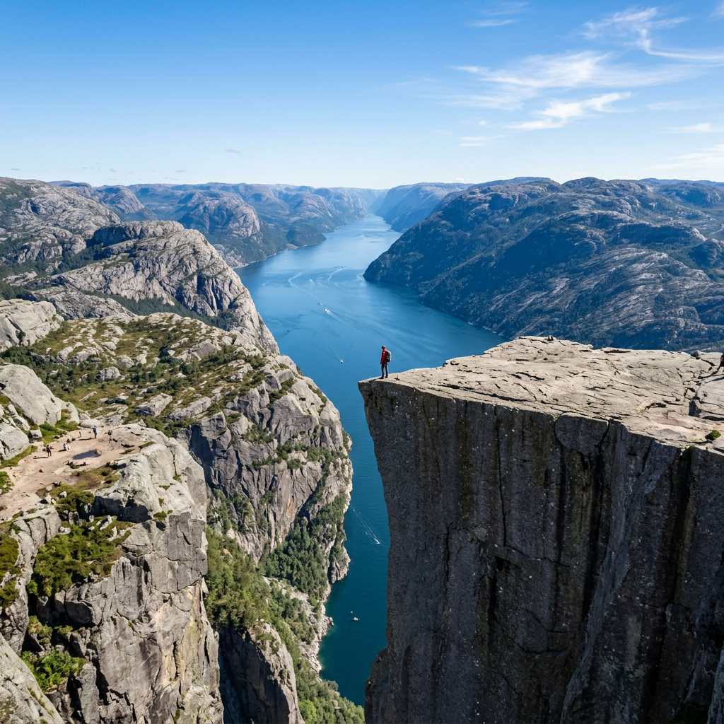 Preikestolen Pulpit Rock Norway - hiker on cliff above Lysefjord