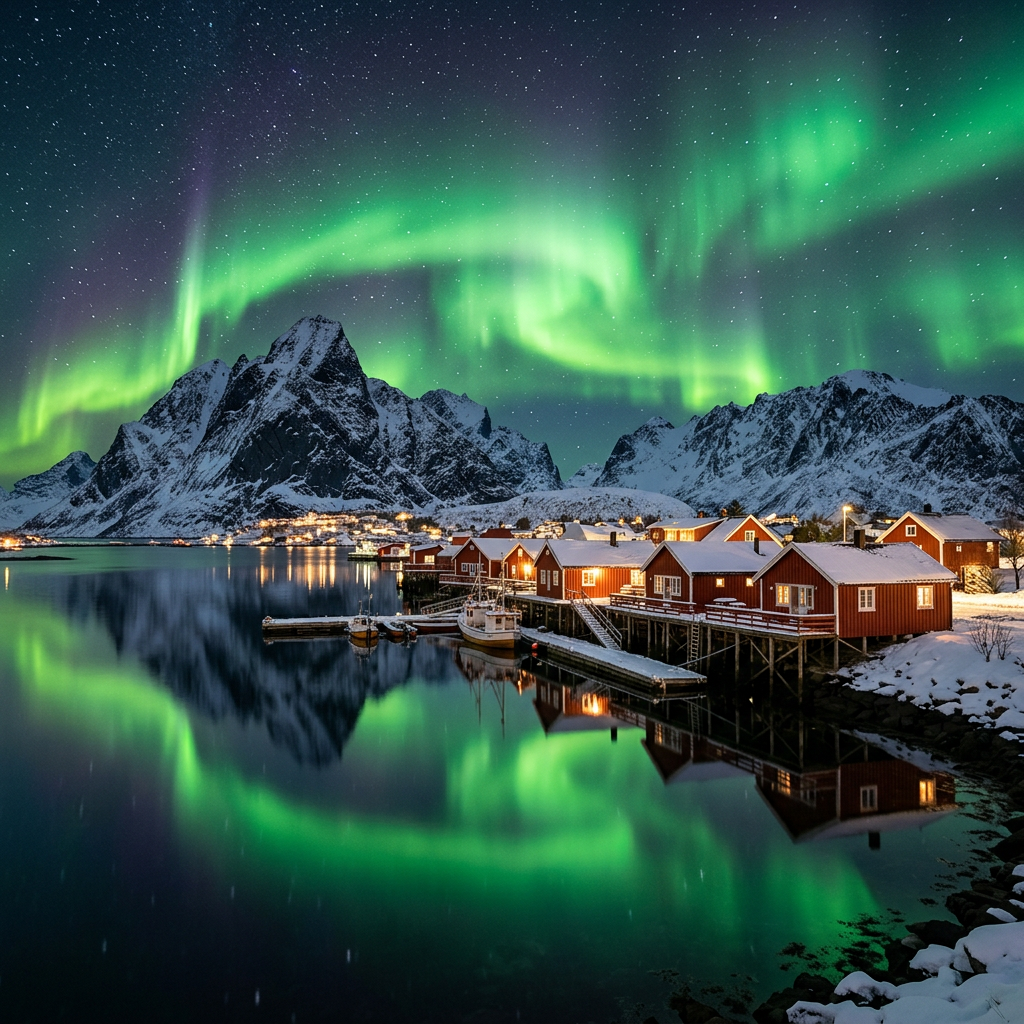 Northern Lights over Lofoten Islands Norway with red fishing cabins