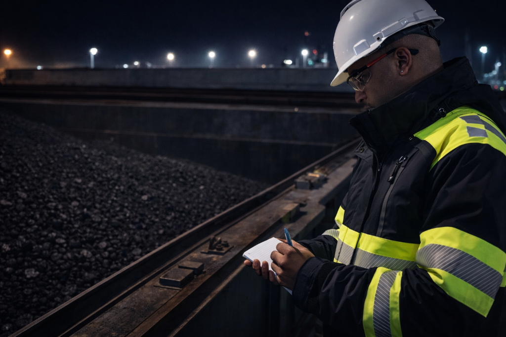 Cargo surveyor inspecting coal in ship hold