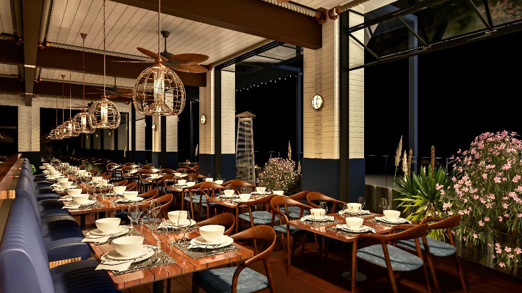 Outdoor patio at night