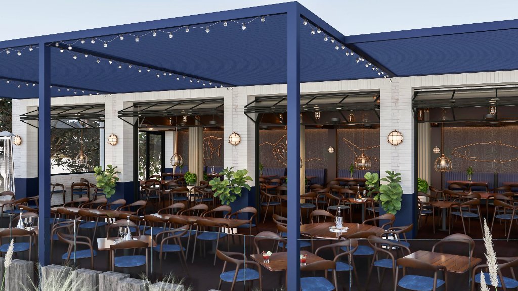 Exterior with navy canopy and string lights
