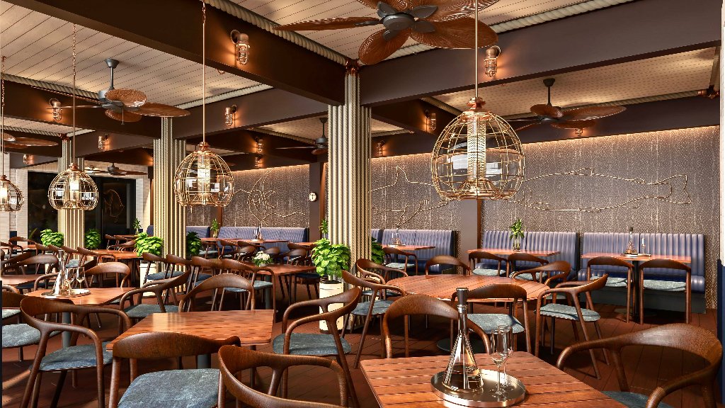 Dining area with copper lights
