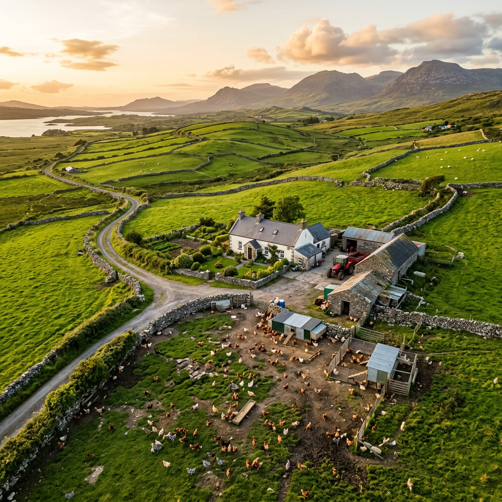 Aerial view of a Connemara farm with free-range hens on green pastures