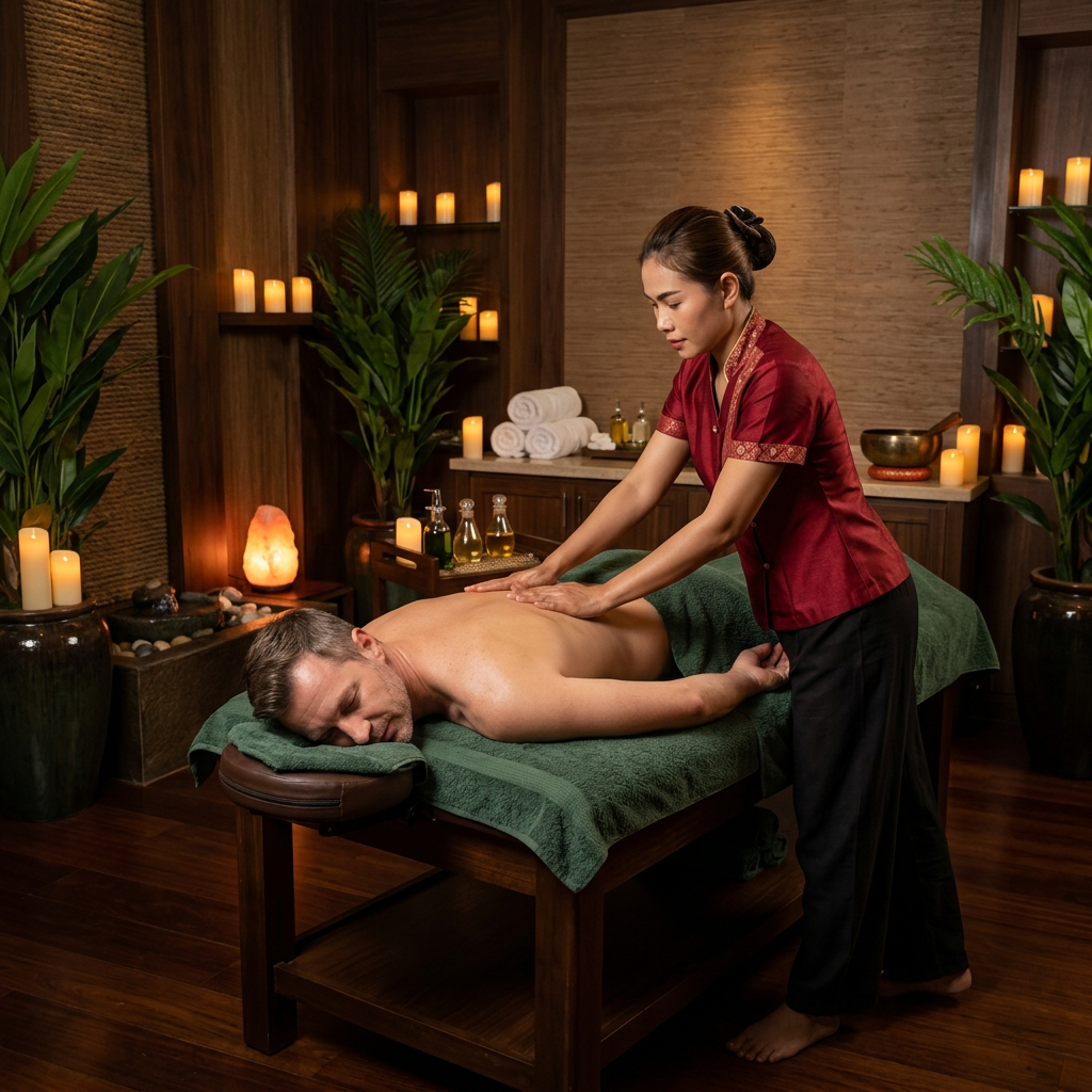 Thai massage therapist with male client