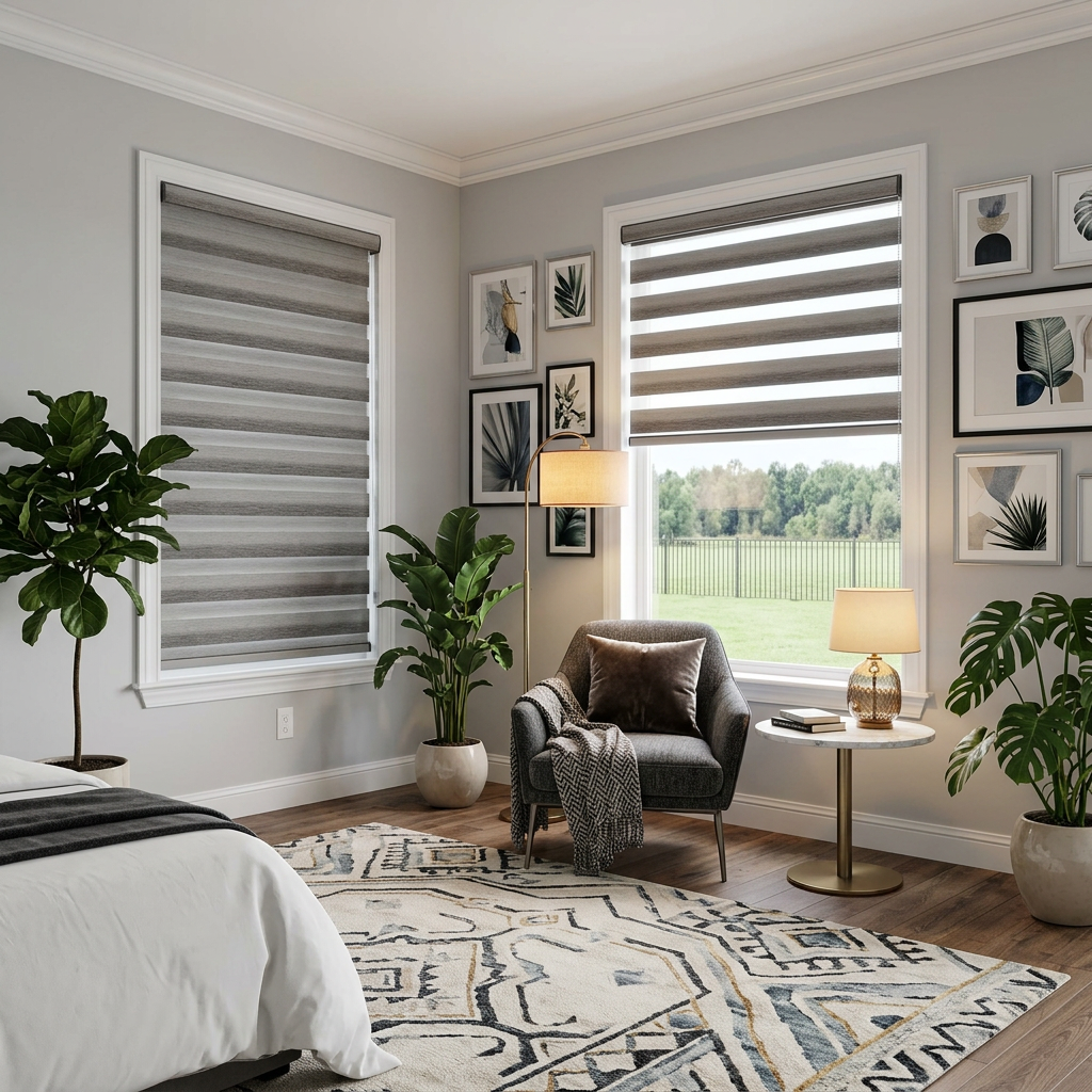 Corner Bedroom with Gray Zebra Blinds