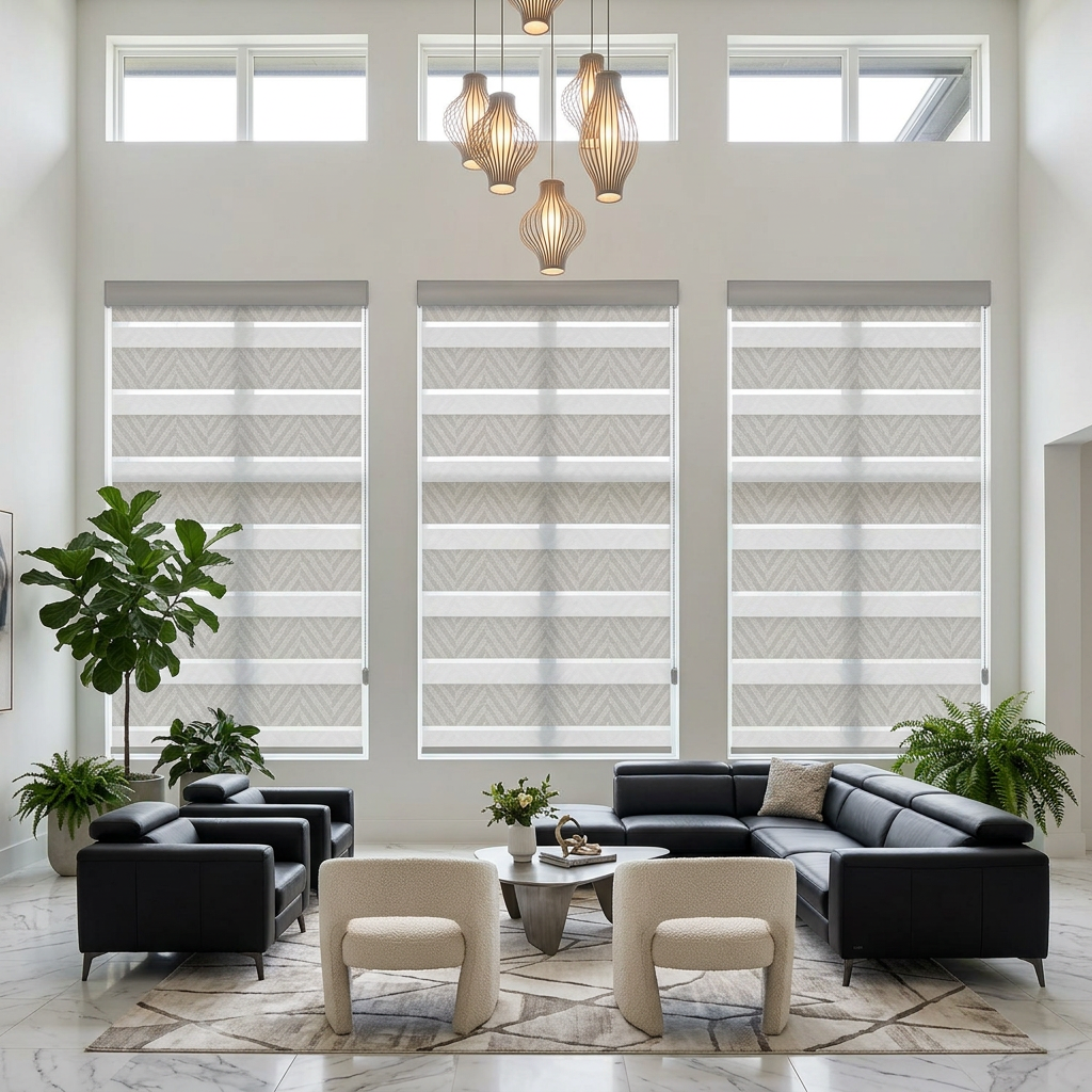 Dramatic High Ceiling Living Room