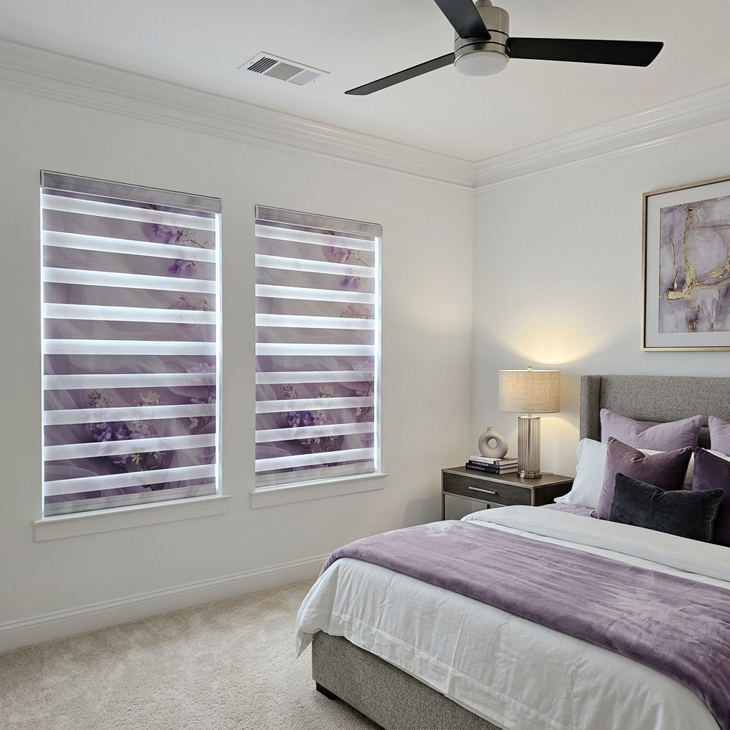 Elegant Bedroom with Floral Print Blinds