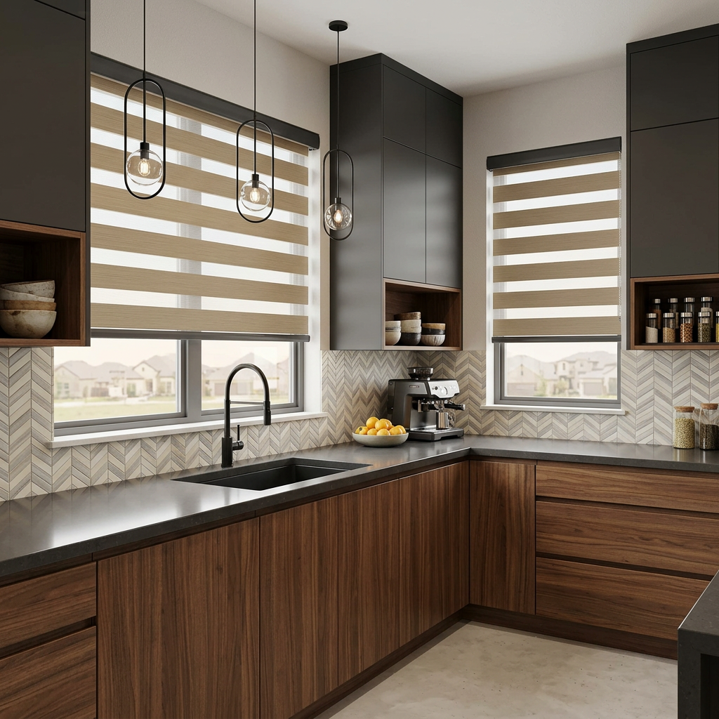 Modern Kitchen with Designer Zebra Blinds