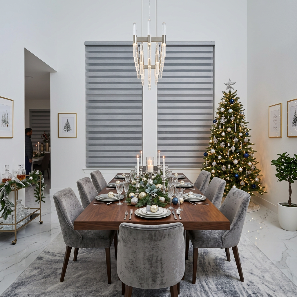 Holiday Dining Room with Gray Zebra Blinds