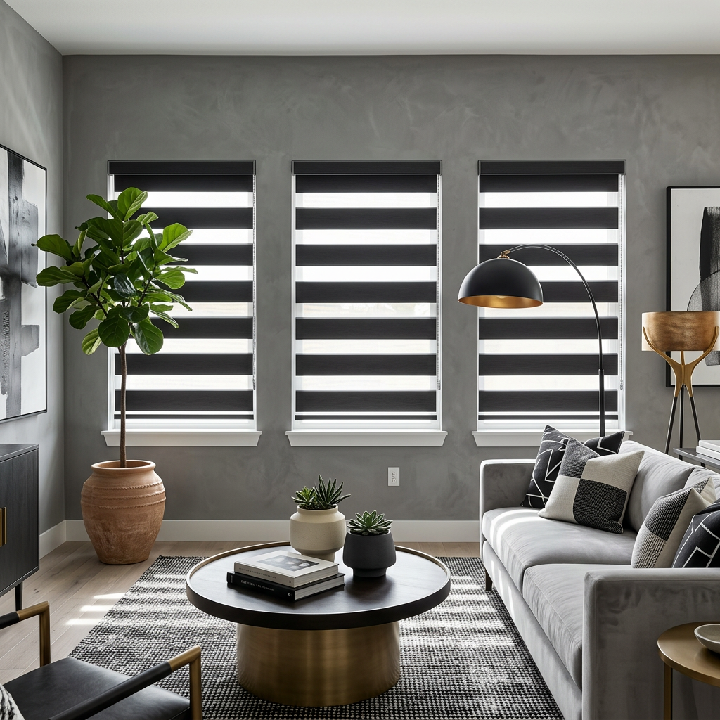 Modern Living Room with Black & White Zebra Blinds