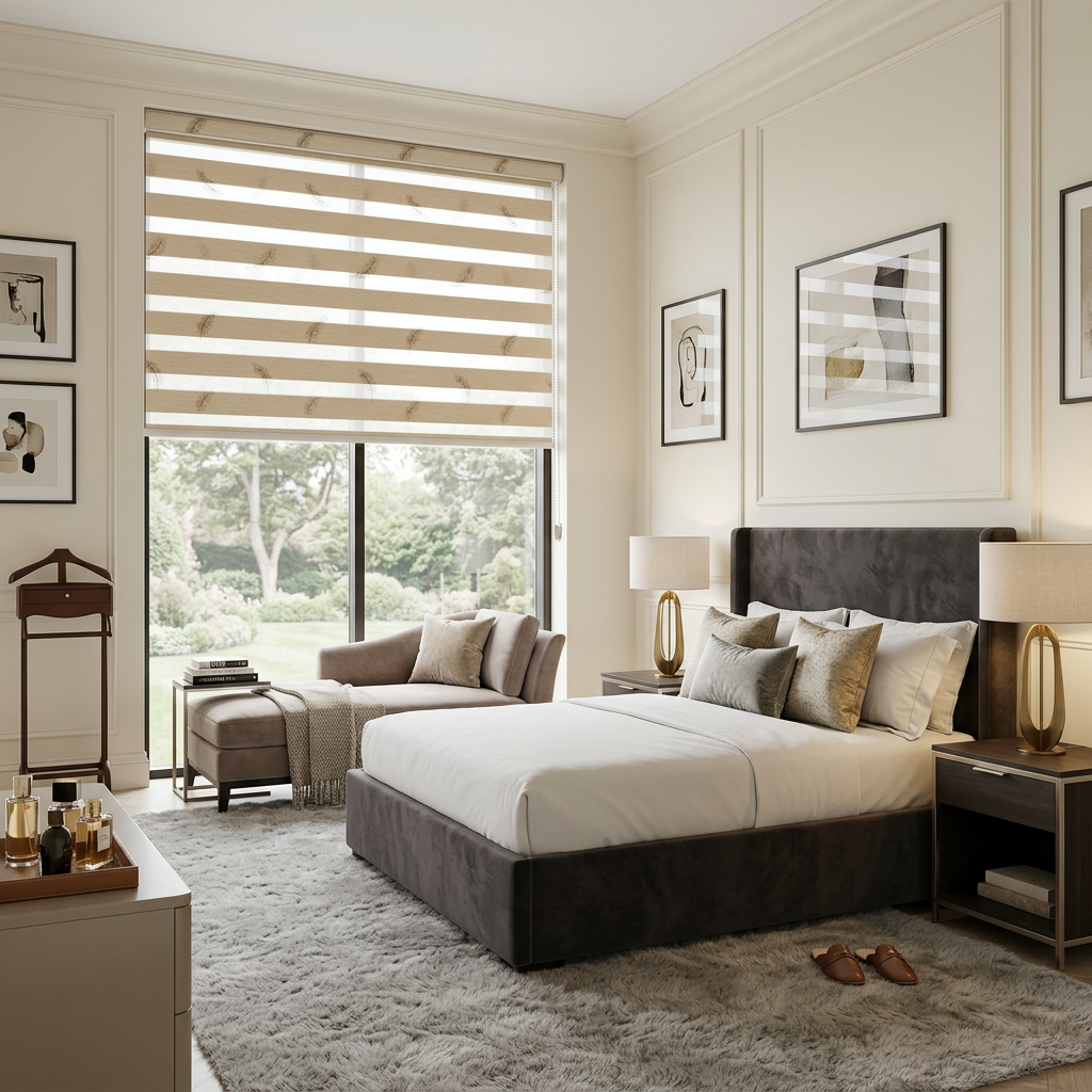 Elegant Bedroom with Tan Zebra Blinds