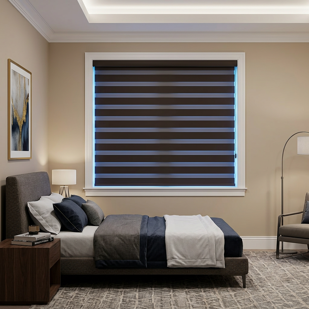 Bedroom with Blue Accent Zebra Blinds