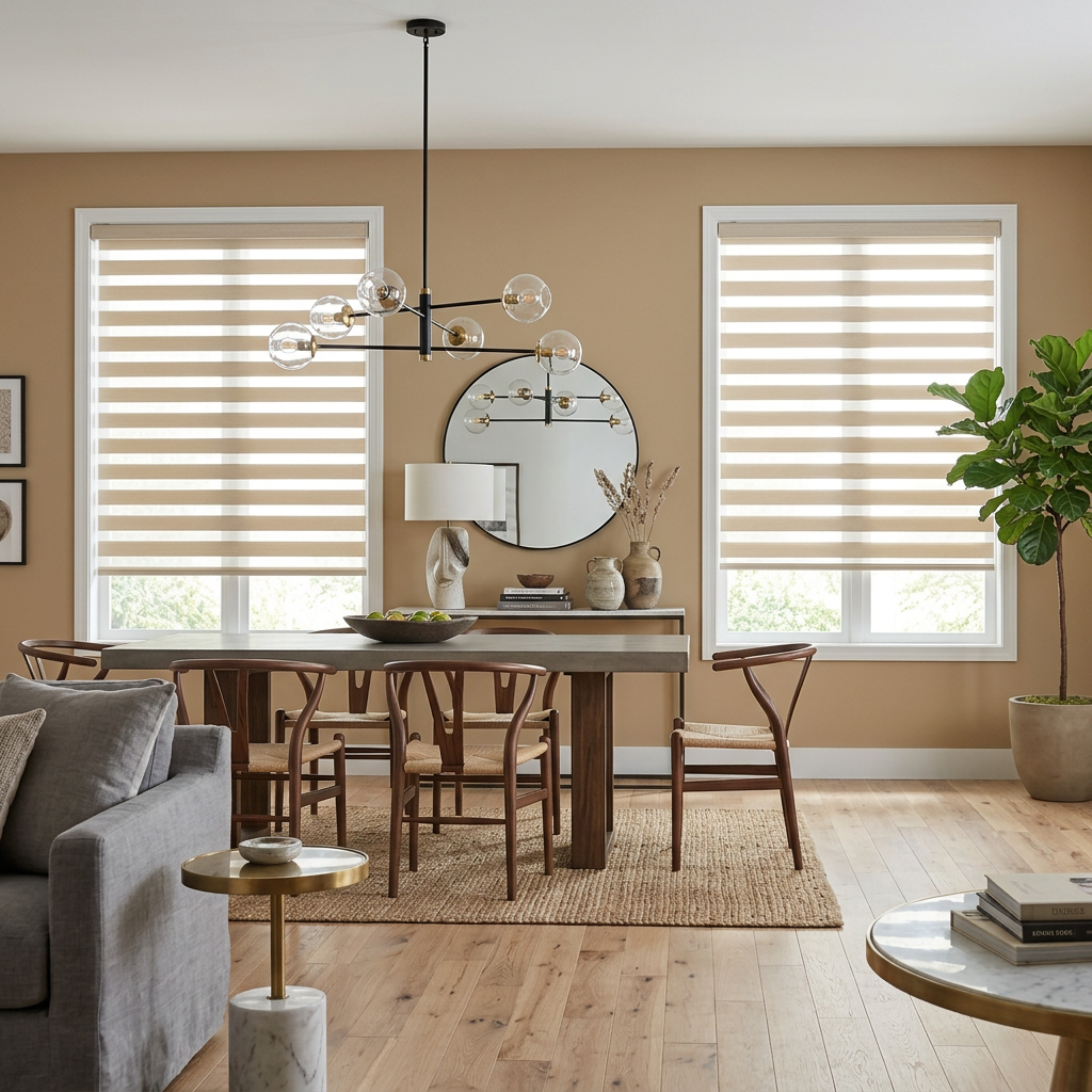 Dining Room with Chandelier and Zebra Blinds