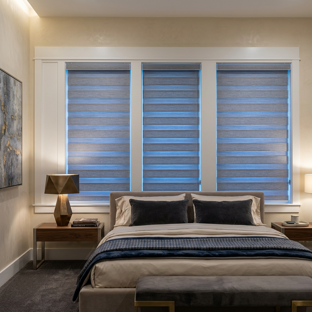 Bedroom with LED Accent Zebra Blinds