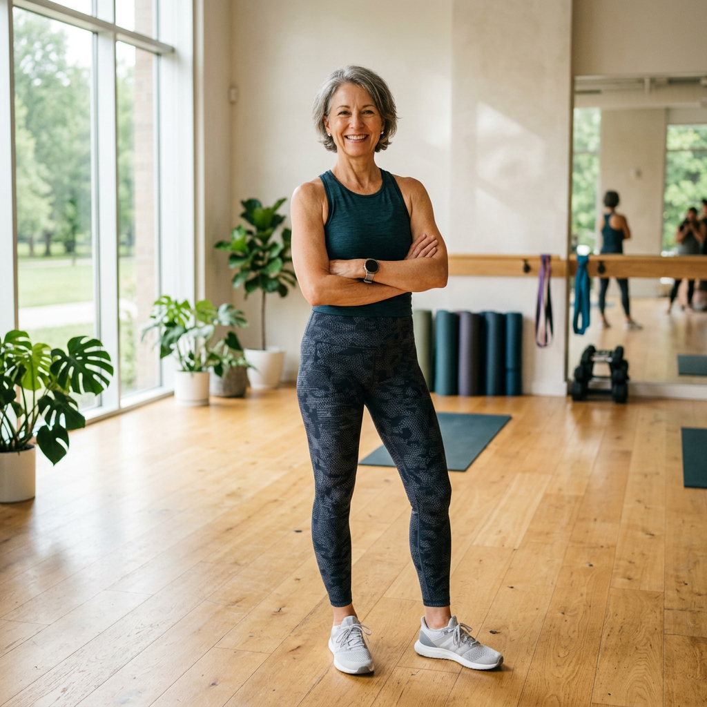 Woman exercising at home to lose menopause belly fat with the Two Week Tummy Tuck programme