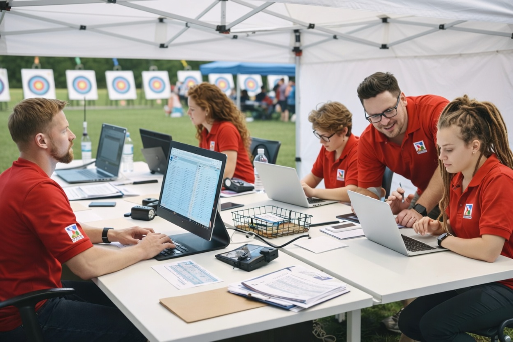 Tournament organizers managing live scoring at archery event