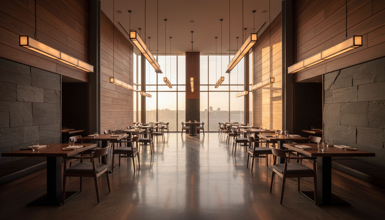 Modern restaurant interior with warm walnut wood and natural lighting