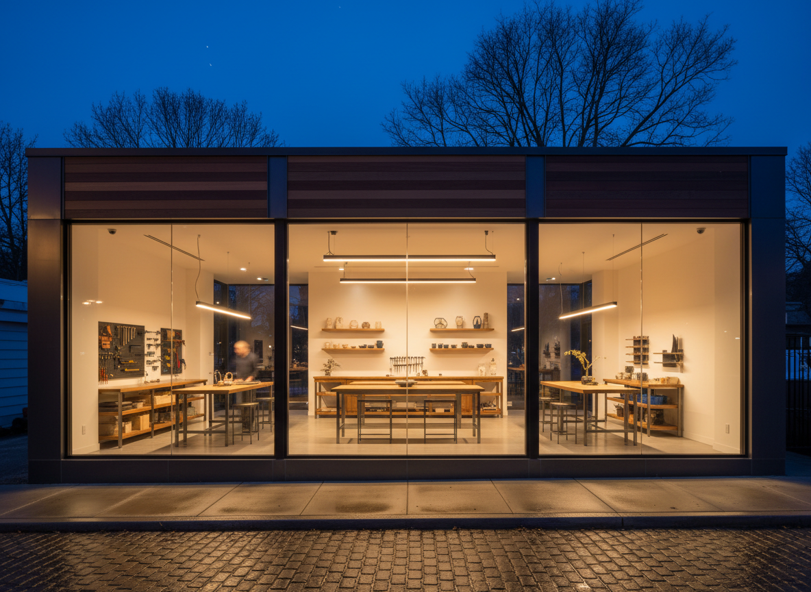 Modern small business storefront with warm interior lighting